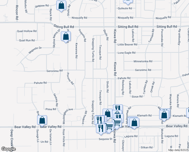 map of restaurants, bars, coffee shops, grocery stores, and more near 20744 Pahute Road in Apple Valley