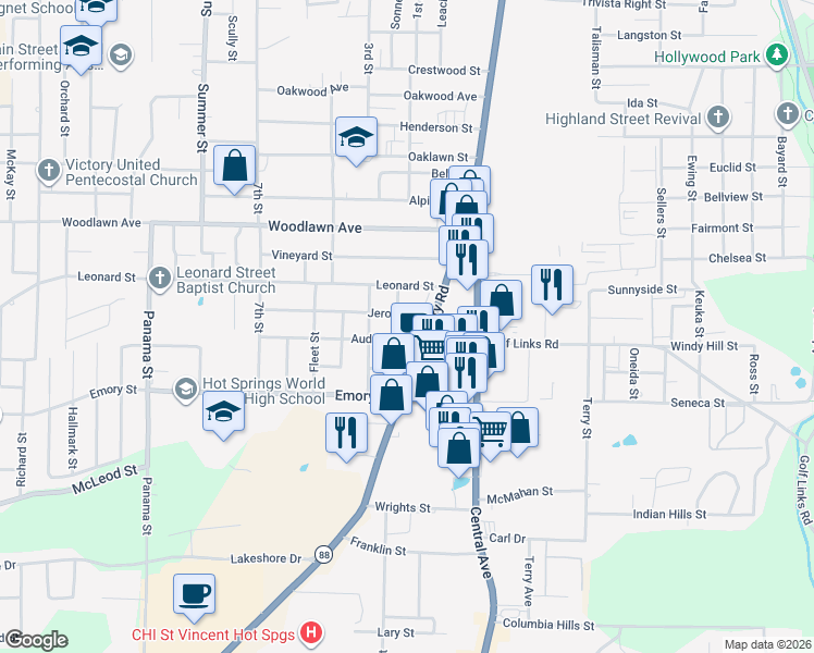 map of restaurants, bars, coffee shops, grocery stores, and more near 200 Jerome Street in Hot Springs