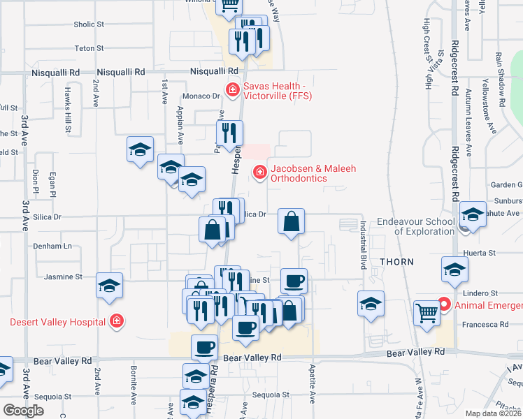 map of restaurants, bars, coffee shops, grocery stores, and more near Silica Drive in Victorville