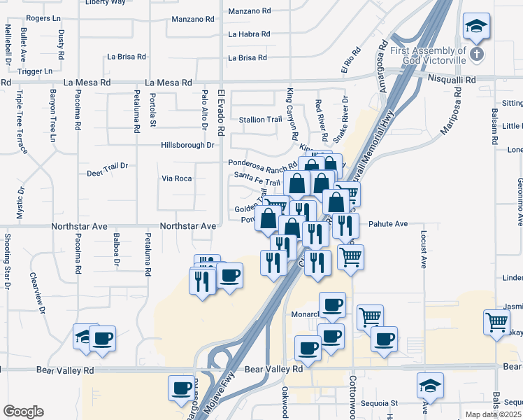 map of restaurants, bars, coffee shops, grocery stores, and more near 14579 Hackamore Road in Victorville