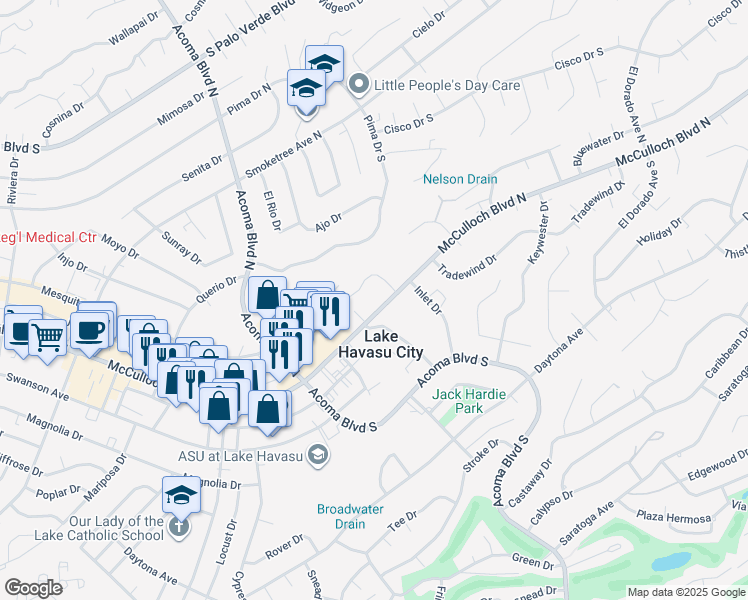 map of restaurants, bars, coffee shops, grocery stores, and more near 12 Torrito Lane in Lake Havasu City
