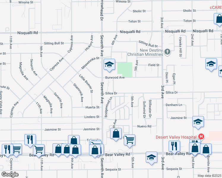 map of restaurants, bars, coffee shops, grocery stores, and more near 12555 Glen Canyon Lane in Victorville