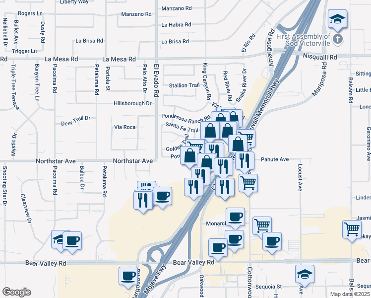 map of restaurants, bars, coffee shops, grocery stores, and more near 14579 Hackamore Road in Victorville
