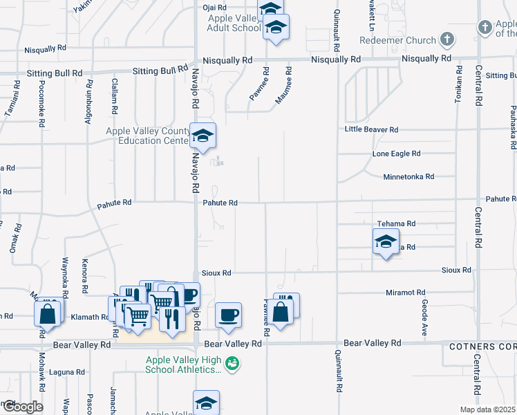 map of restaurants, bars, coffee shops, grocery stores, and more near 21845 Pahute Road in Apple Valley
