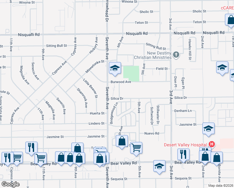 map of restaurants, bars, coffee shops, grocery stores, and more near 12555 Glen Canyon Lane in Victorville