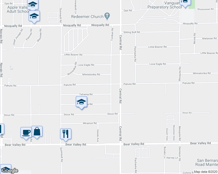 map of restaurants, bars, coffee shops, grocery stores, and more near 12488 Tonikan Road in Apple Valley