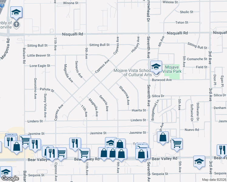 map of restaurants, bars, coffee shops, grocery stores, and more near 12525 9th Avenue in Victorville