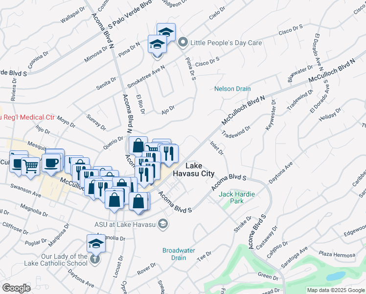 map of restaurants, bars, coffee shops, grocery stores, and more near 12 Torrito Lane in Lake Havasu City