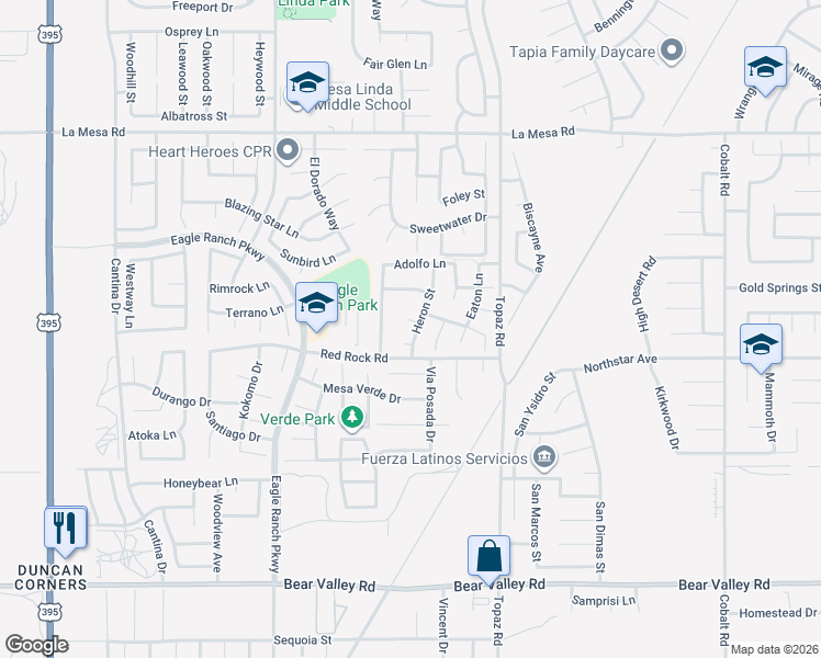 map of restaurants, bars, coffee shops, grocery stores, and more near 12739 Heron Court in Victorville