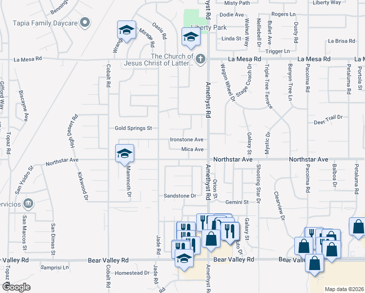 map of restaurants, bars, coffee shops, grocery stores, and more near 13590 Mica Avenue in Victorville