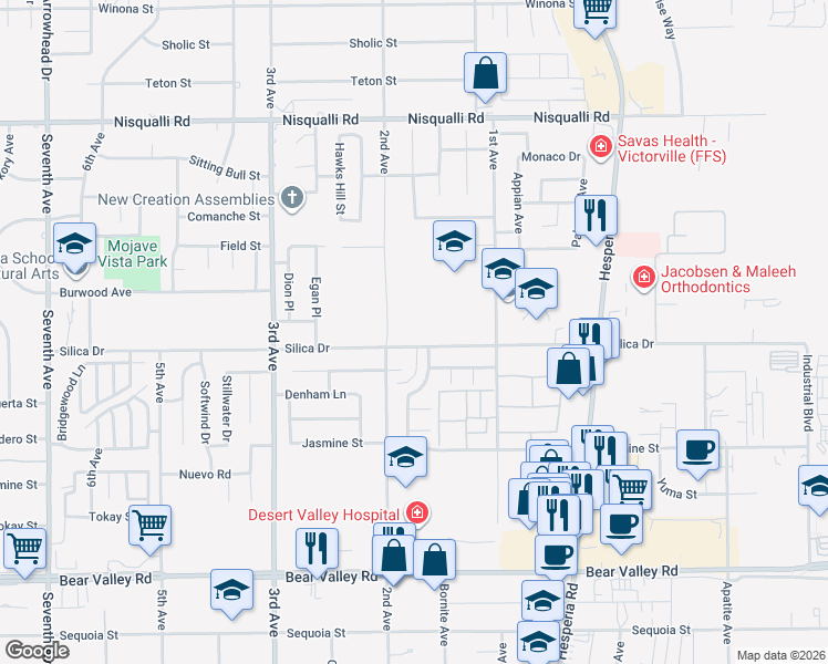 map of restaurants, bars, coffee shops, grocery stores, and more near 16486-16498 Silica Dr in Victorville