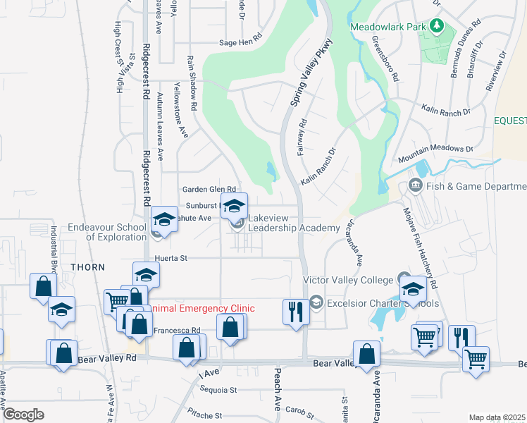 map of restaurants, bars, coffee shops, grocery stores, and more near 18015 Sunburst Road in Victorville