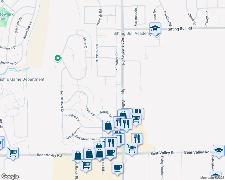map of restaurants, bars, coffee shops, grocery stores, and more near 12541 Cabazon Court in Apple Valley