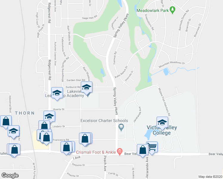 map of restaurants, bars, coffee shops, grocery stores, and more near 18092 Sunburst Road in Victorville