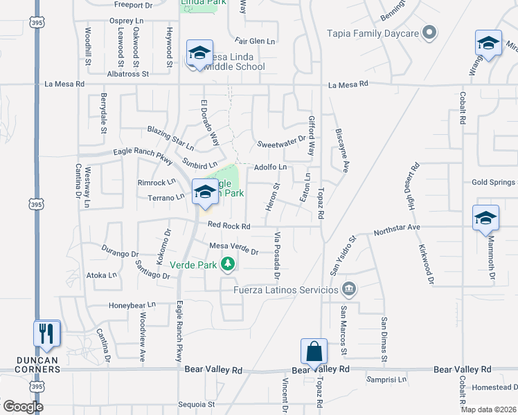 map of restaurants, bars, coffee shops, grocery stores, and more near 12734 Heron Court in Victorville