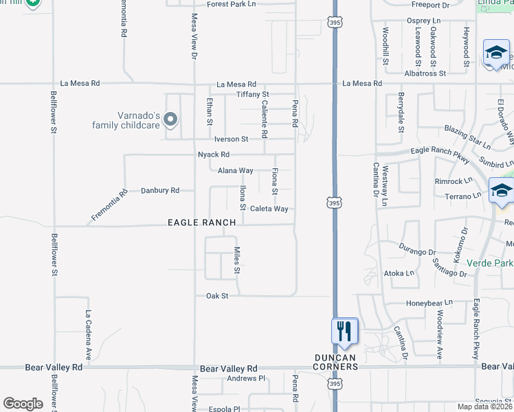 map of restaurants, bars, coffee shops, grocery stores, and more near 12575 Ilona Street in Victorville