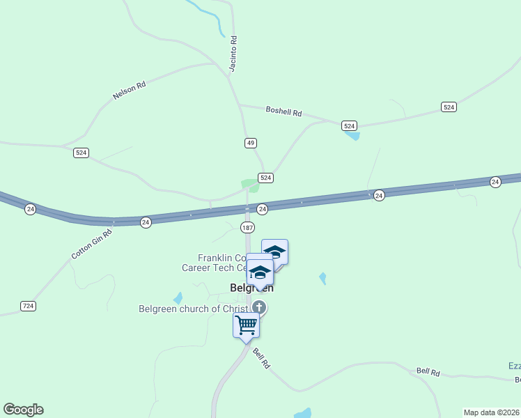 map of restaurants, bars, coffee shops, grocery stores, and more near 18277-19109 State Highway 24 in Russellville