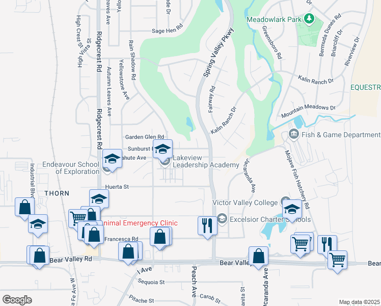 map of restaurants, bars, coffee shops, grocery stores, and more near 18043 Sunburst Road in Victorville