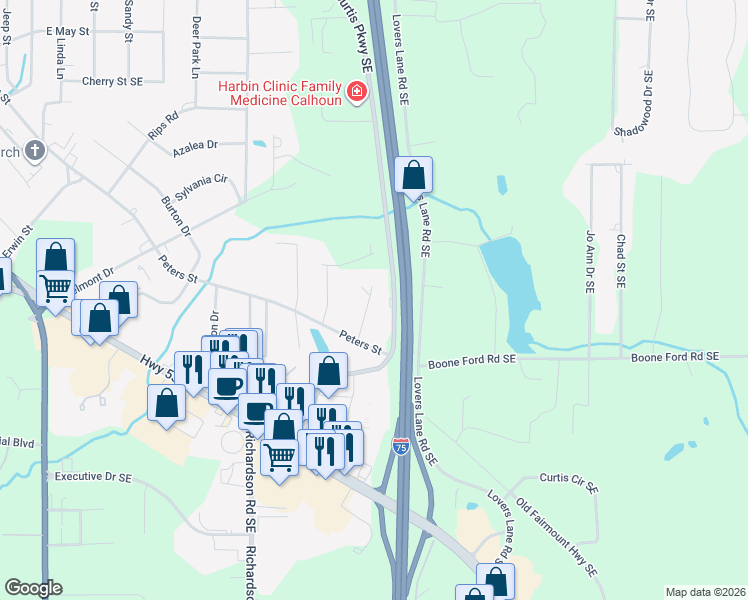 map of restaurants, bars, coffee shops, grocery stores, and more near 204 Kirk Drive Southeast in Calhoun