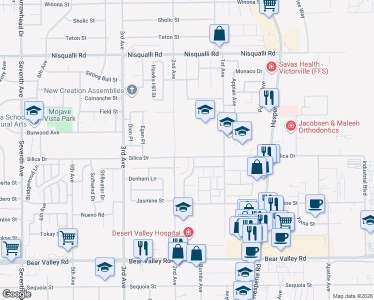 map of restaurants, bars, coffee shops, grocery stores, and more near 16486-16498 Silica Dr in Victorville