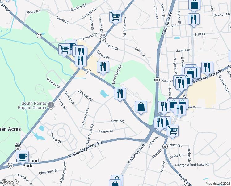 map of restaurants, bars, coffee shops, grocery stores, and more near in Homeland Park