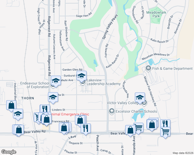 map of restaurants, bars, coffee shops, grocery stores, and more near 18059 Sunburst Road in Victorville