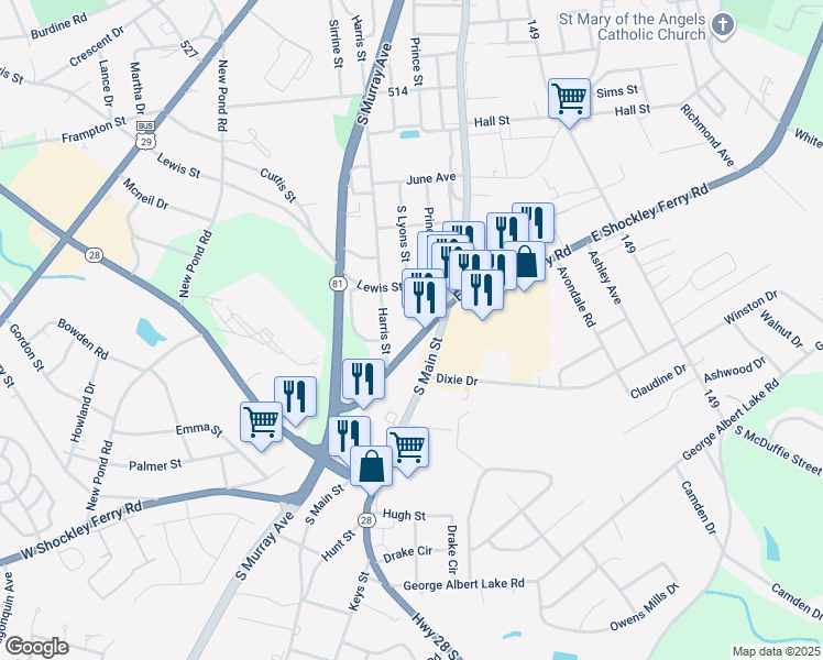 map of restaurants, bars, coffee shops, grocery stores, and more near 104 West Shockley Ferry Road in Anderson