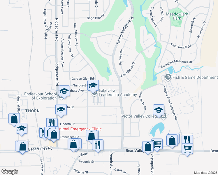 map of restaurants, bars, coffee shops, grocery stores, and more near 18043 Sunburst Road in Victorville