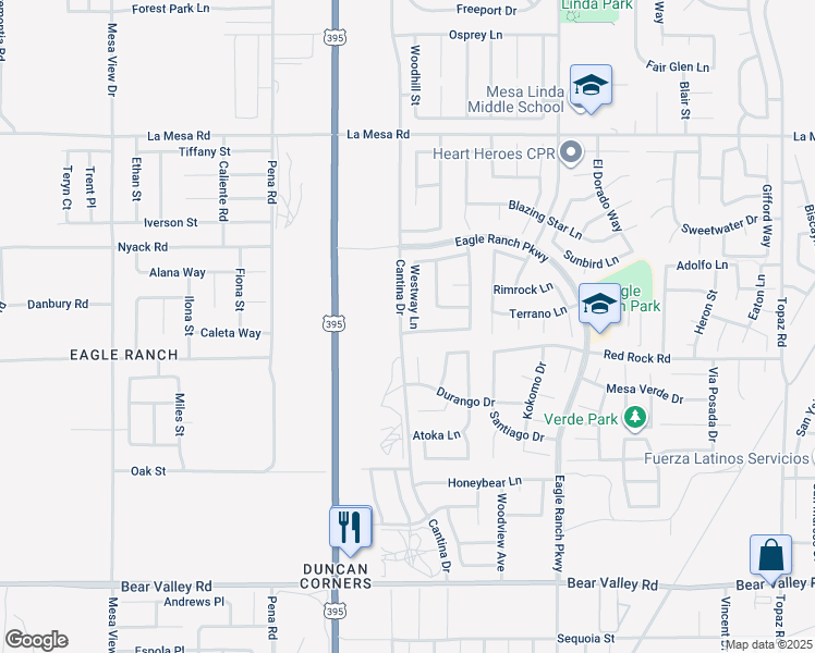 map of restaurants, bars, coffee shops, grocery stores, and more near 12552 Westway Lane in Victorville