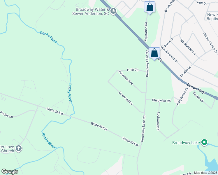 map of restaurants, bars, coffee shops, grocery stores, and more near 122 Boxwood Lane in Anderson
