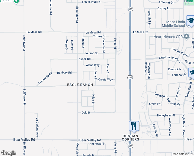 map of restaurants, bars, coffee shops, grocery stores, and more near 11758 Caleta Way in Victorville