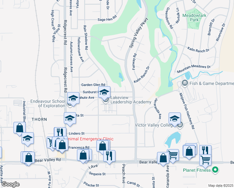 map of restaurants, bars, coffee shops, grocery stores, and more near 18015 Sunburst Road in Victorville