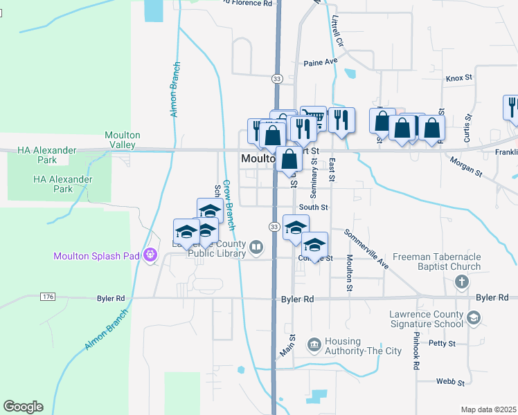 map of restaurants, bars, coffee shops, grocery stores, and more near 309 South Street in Moulton