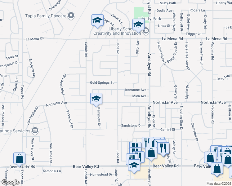 map of restaurants, bars, coffee shops, grocery stores, and more near 12558 Jade Road in Victorville