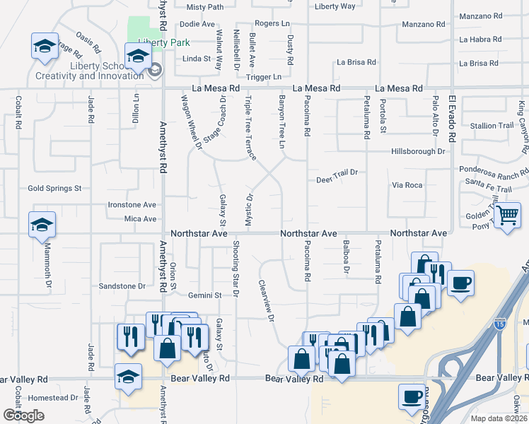 map of restaurants, bars, coffee shops, grocery stores, and more near 12570 Rockinghorse Court in Victorville