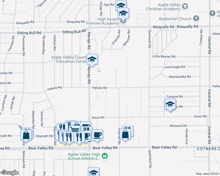 map of restaurants, bars, coffee shops, grocery stores, and more near Pahute Road in Apple Valley