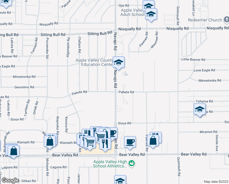 map of restaurants, bars, coffee shops, grocery stores, and more near Pahute Road in Apple Valley