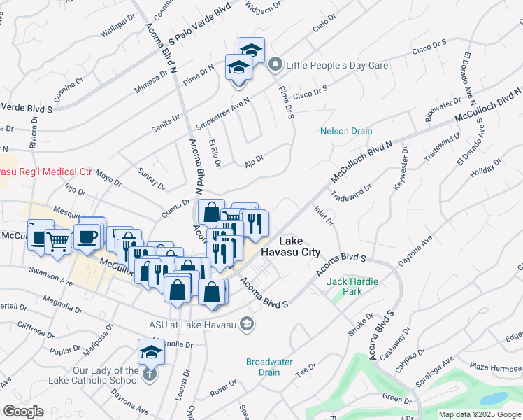 map of restaurants, bars, coffee shops, grocery stores, and more near 25 Torrito Lane in Lake Havasu City