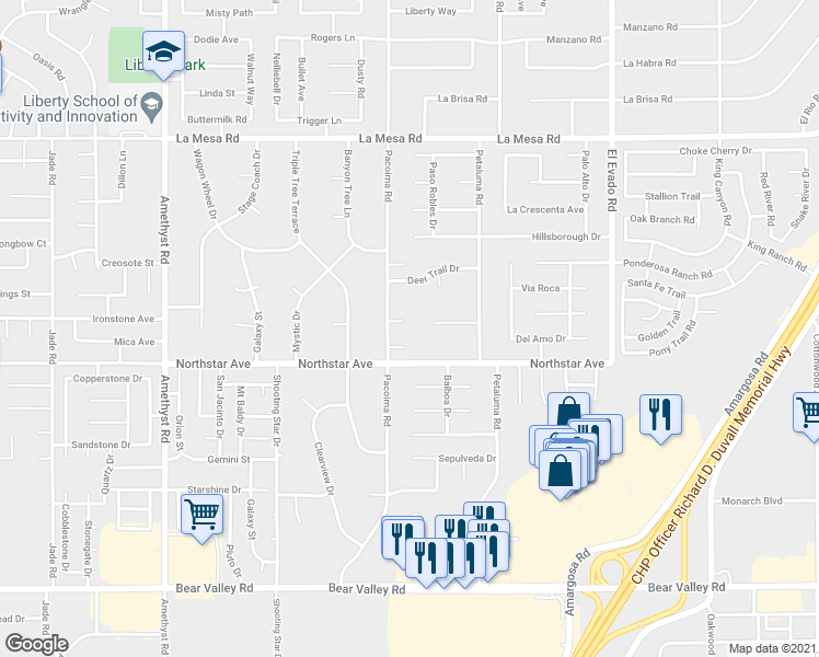 map of restaurants, bars, coffee shops, grocery stores, and more near 14133 Pacoima Court in Victorville