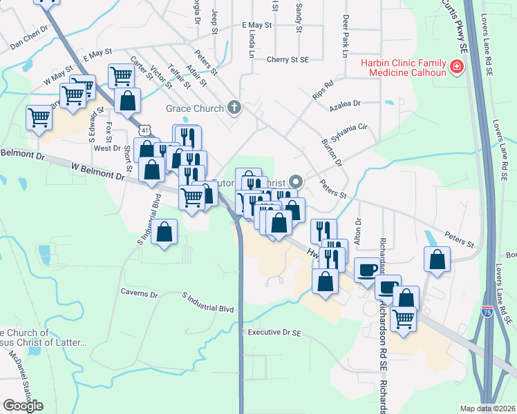 map of restaurants, bars, coffee shops, grocery stores, and more near 25 East Belmont Drive in Calhoun