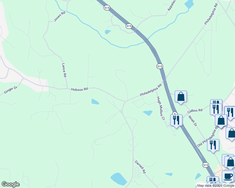 map of restaurants, bars, coffee shops, grocery stores, and more near 94 Hobson Road in Jasper