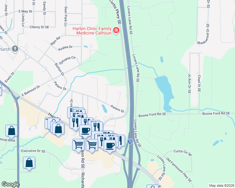 map of restaurants, bars, coffee shops, grocery stores, and more near 204 Kirk Drive Southeast in Calhoun