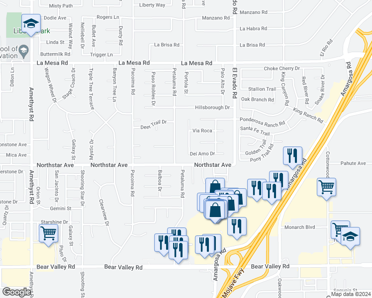 map of restaurants, bars, coffee shops, grocery stores, and more near 12564 Alta Mar Way in Victorville