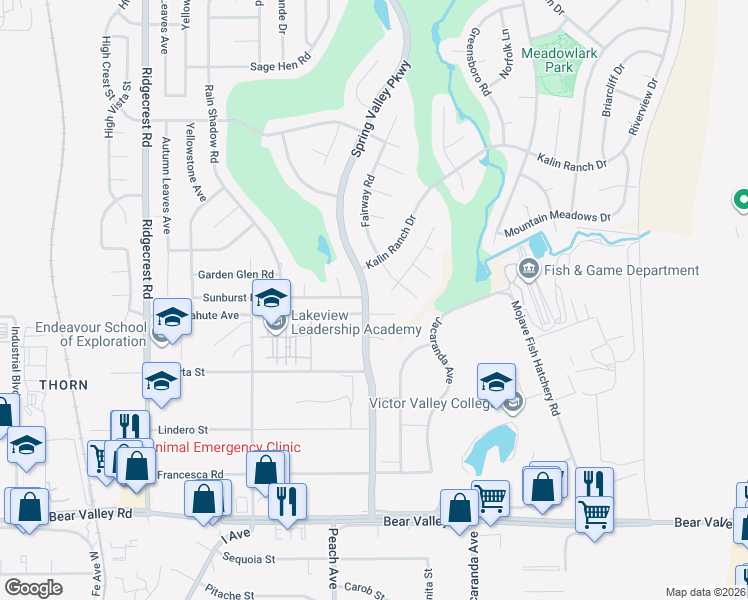 map of restaurants, bars, coffee shops, grocery stores, and more near 12525 Spring Valley Parkway in Victorville
