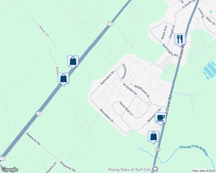 map of restaurants, bars, coffee shops, grocery stores, and more near Centreview Drive in Holly Ridge
