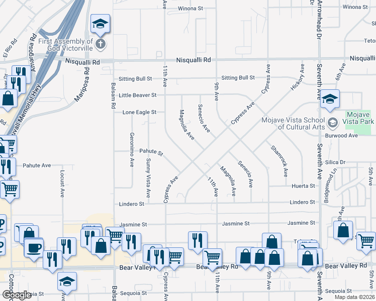 map of restaurants, bars, coffee shops, grocery stores, and more near 12537 11th Avenue in Victorville