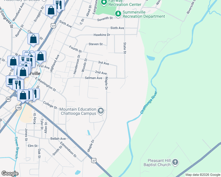 map of restaurants, bars, coffee shops, grocery stores, and more near 108 Cedar Avenue in Summerville