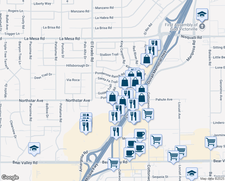 map of restaurants, bars, coffee shops, grocery stores, and more near 14630 Pony Trail Road in Victorville