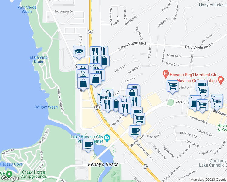 map of restaurants, bars, coffee shops, grocery stores, and more near in Lake Havasu City