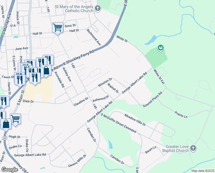 map of restaurants, bars, coffee shops, grocery stores, and more near 2700 Walnut Drive in Anderson